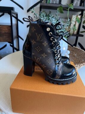 Louis Vuitton Black Patent & Monogram Lace-Up Platform Ankle Boots